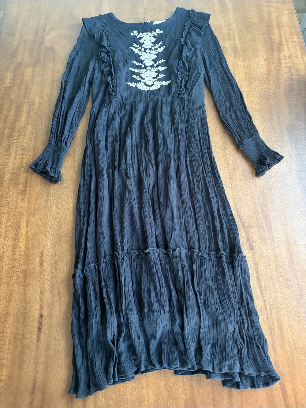 Shop Stevie Black Long Sleeve Midi Dress with Cream Embroidery